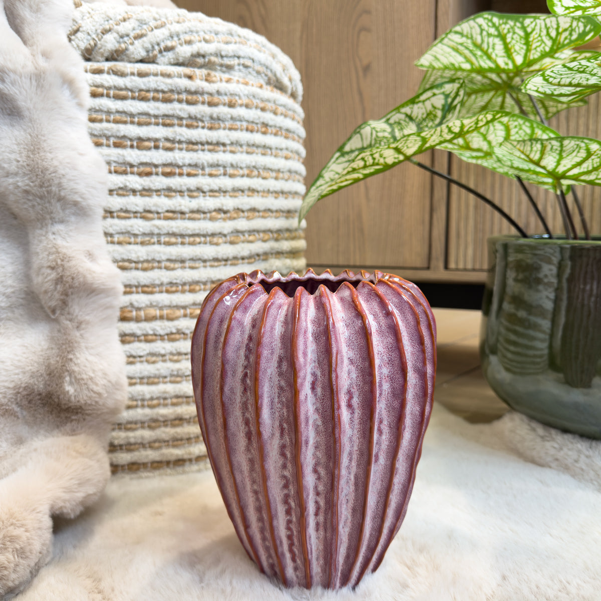Pink Ridged Glaze Coastal Vase