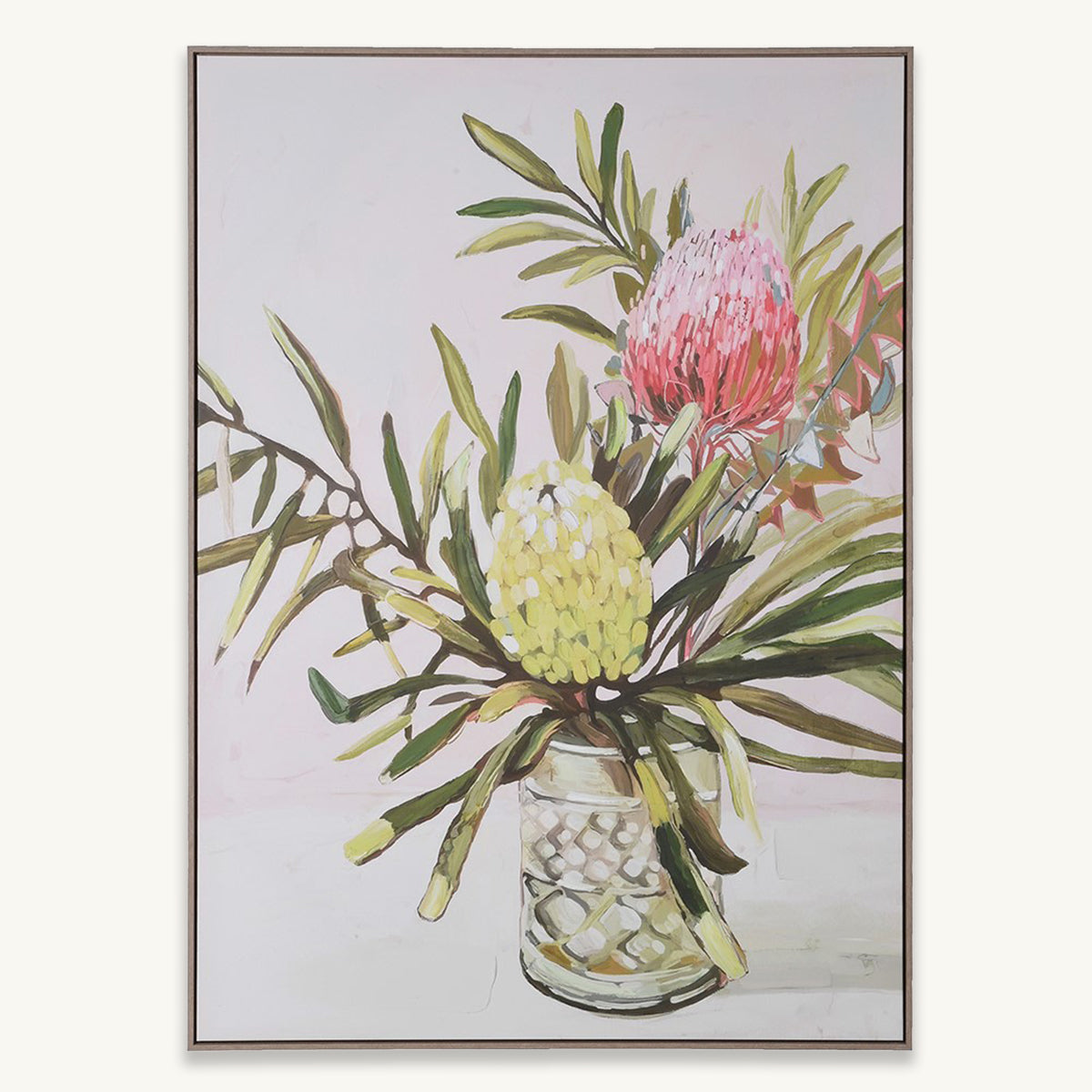 Framed artwork of protea flowers in a glass jar on a light background