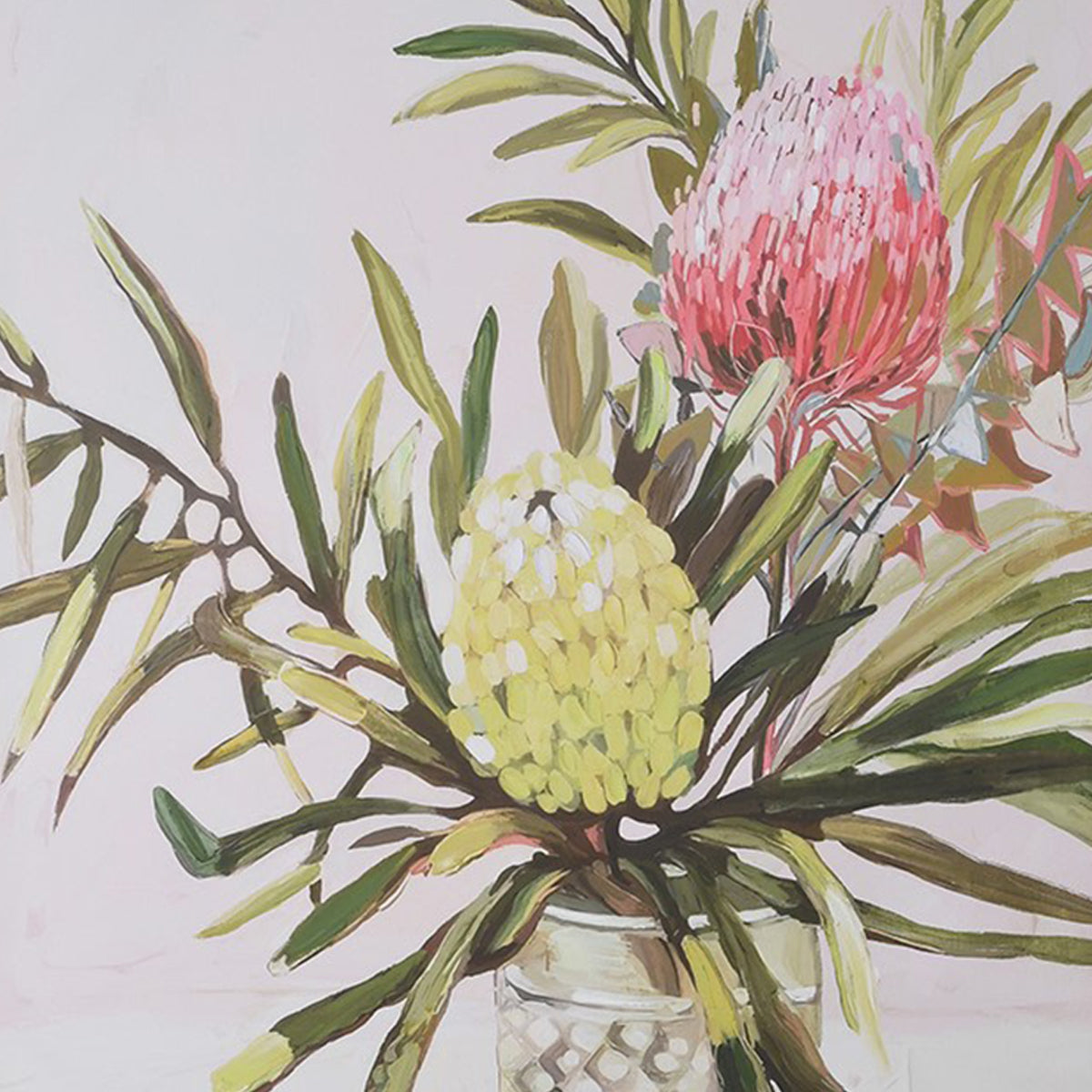 Illustration of flowers and leaves in a vase on a light background