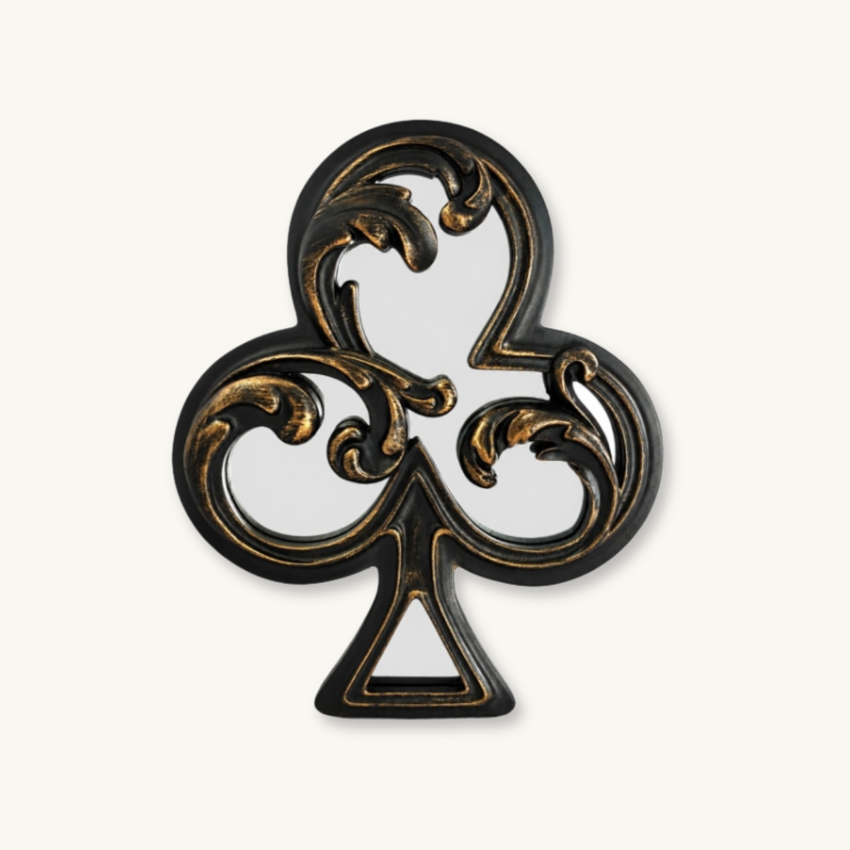 Ornate black-and-gold metal club suit mirror with curling flourishes, isolated on white; an elegant, antique-inspired decorative emblem.