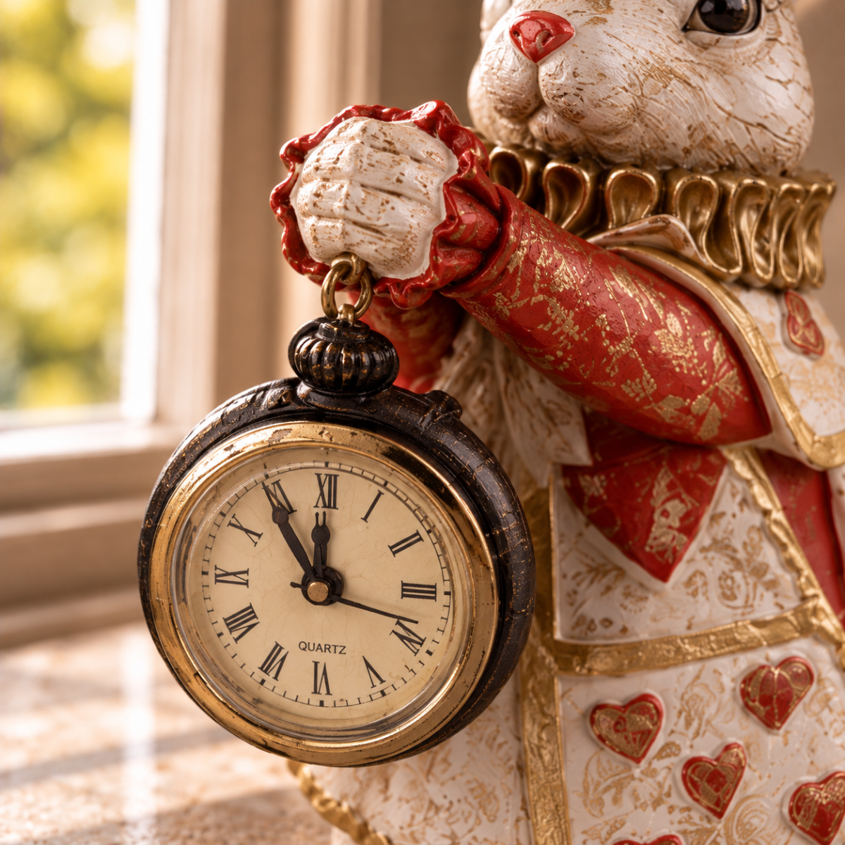 Red Playing Card Rabbit Holding Clock