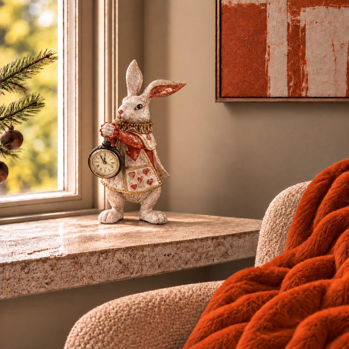 Red Playing Card Rabbit Holding Clock