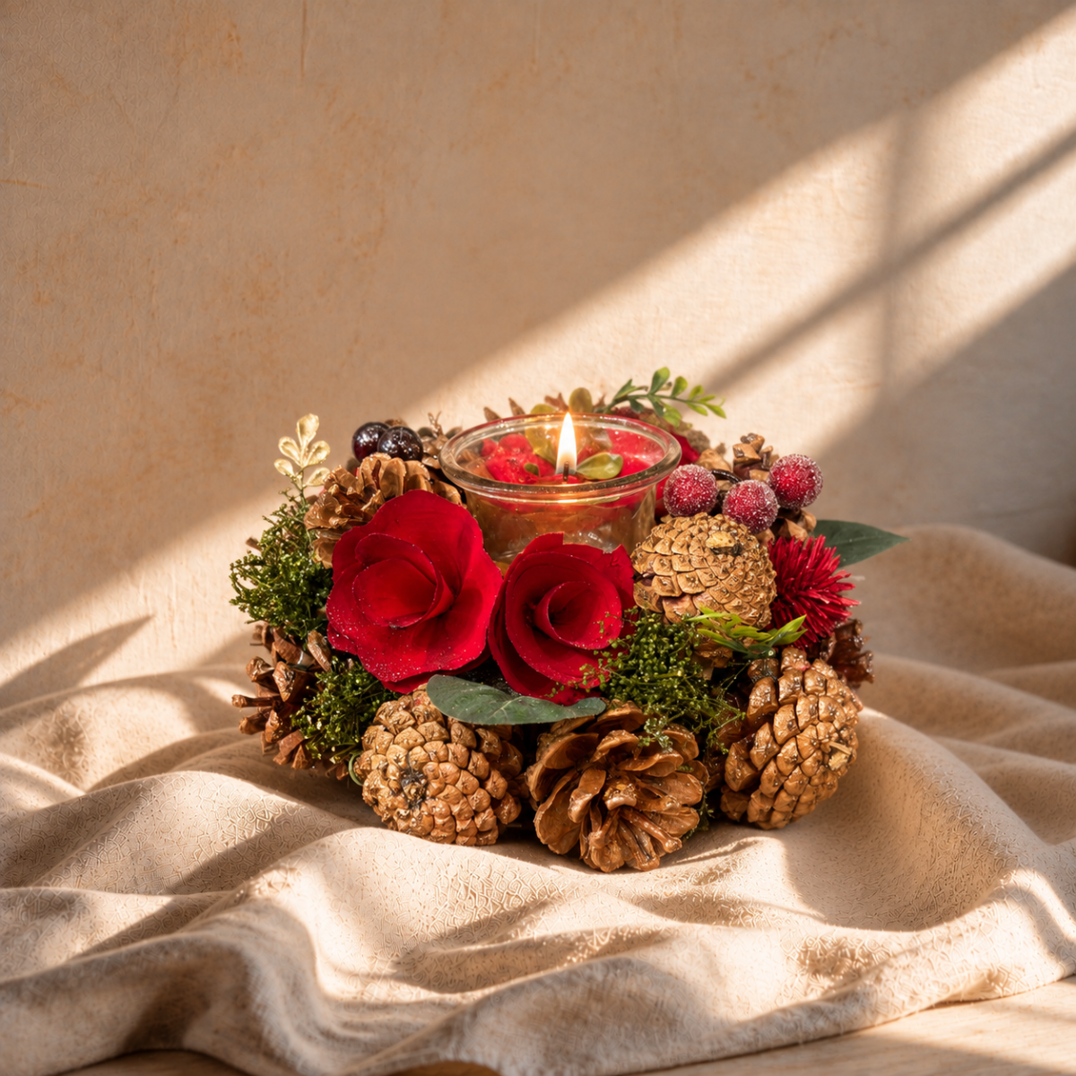 Red rose pinecone candle holder sitting on a cream piece of fabric with a matching painted wall. 