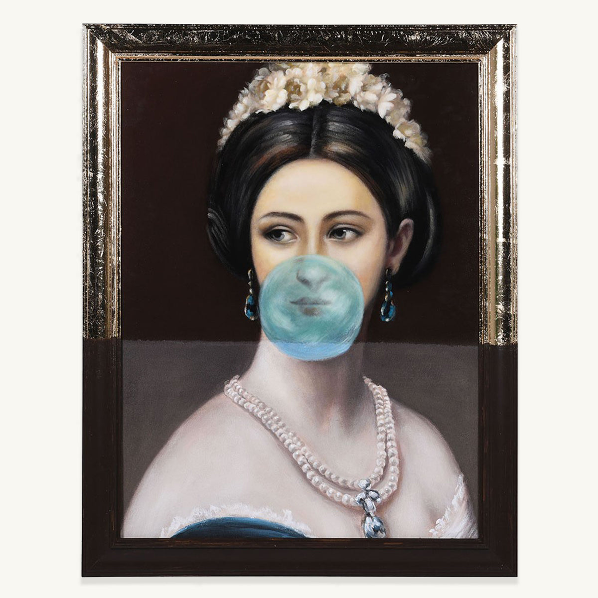 A unique retro wall canvas featuring a regal lady blowing a blue bubblegum bubble.
