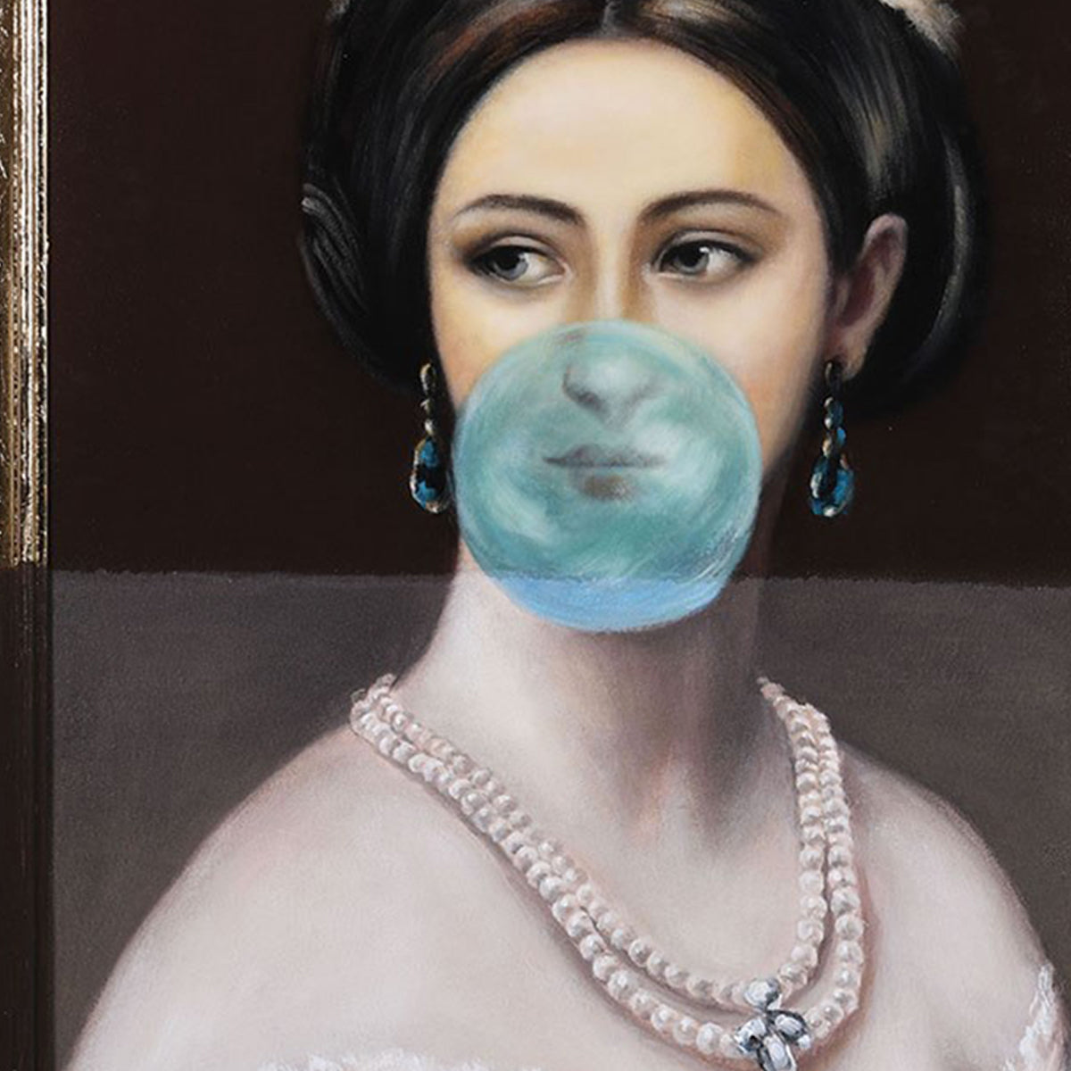A close up of a wall canvas with a regal lady from history, blowing a blue bubblegum bubble.