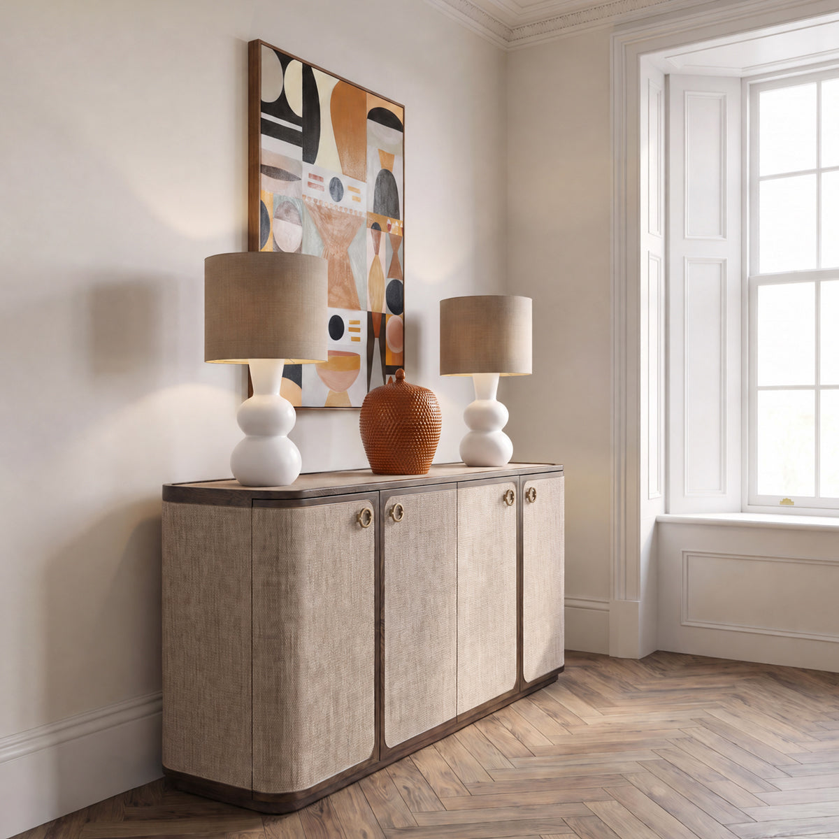 Retro Curved Linen & Oak 4 Door Sideboard