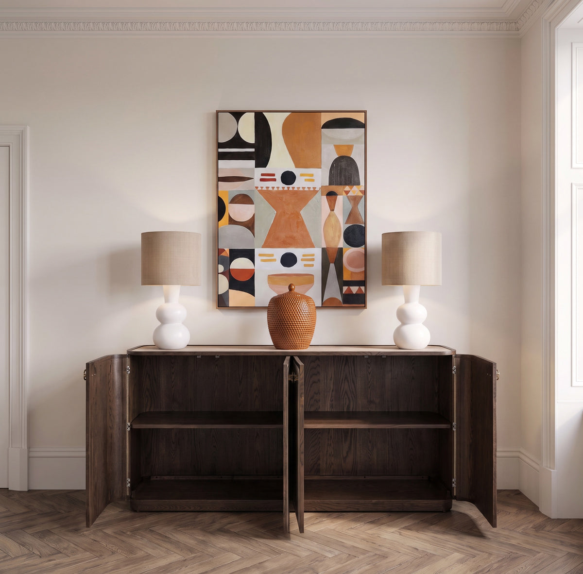 Retro Curved Linen & Oak 4 Door Sideboard