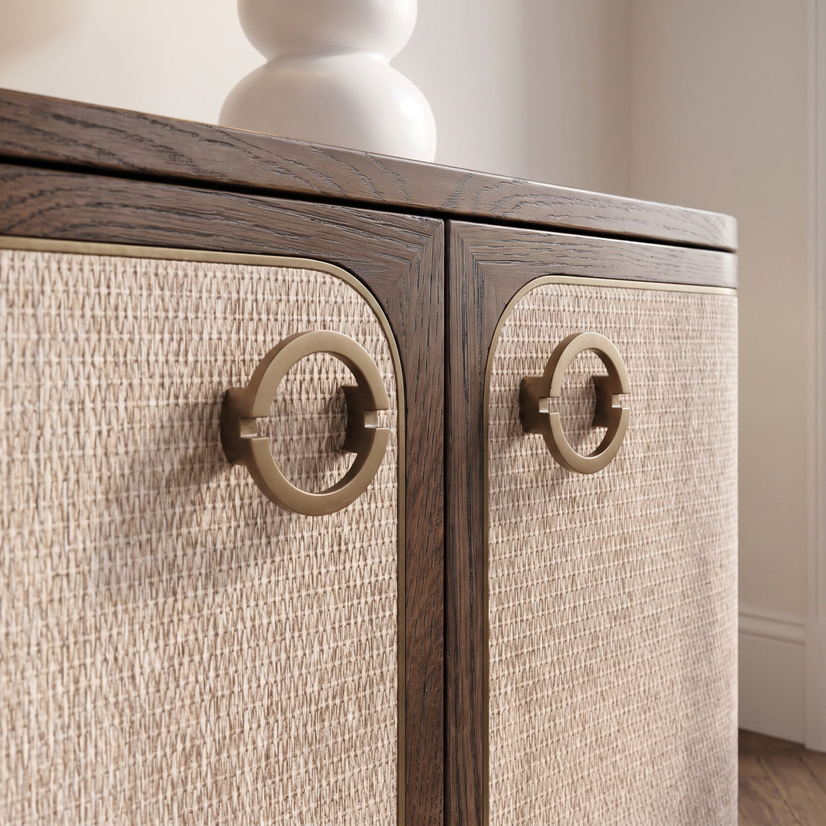 Retro Curved Linen & Oak 4 Door Sideboard