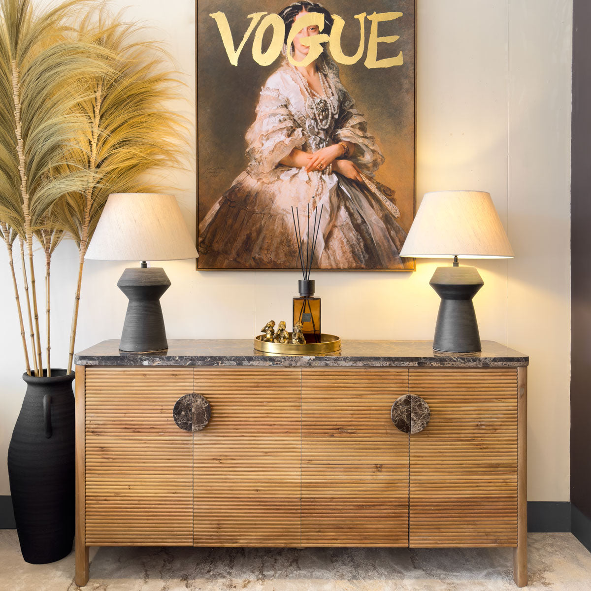 Black Marble Handle Ridged Mango Wood Sideboard