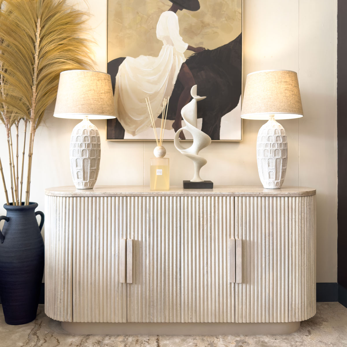 Ridged Mango Wood & Travertine Marble Pill Sideboard