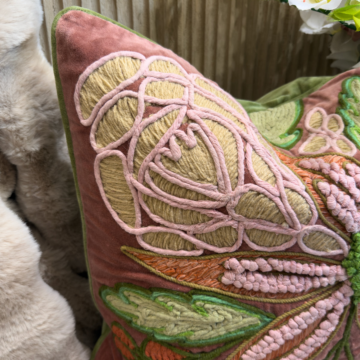 Rose Pink & Green Embroidered Flower Cushion -50x50cm