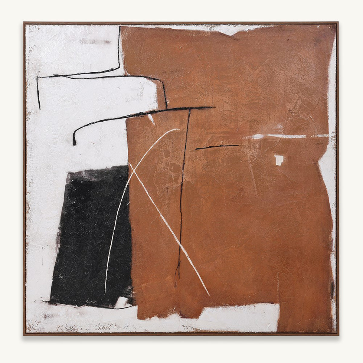 Abstract art piece with brown, black, and white shapes on a white background