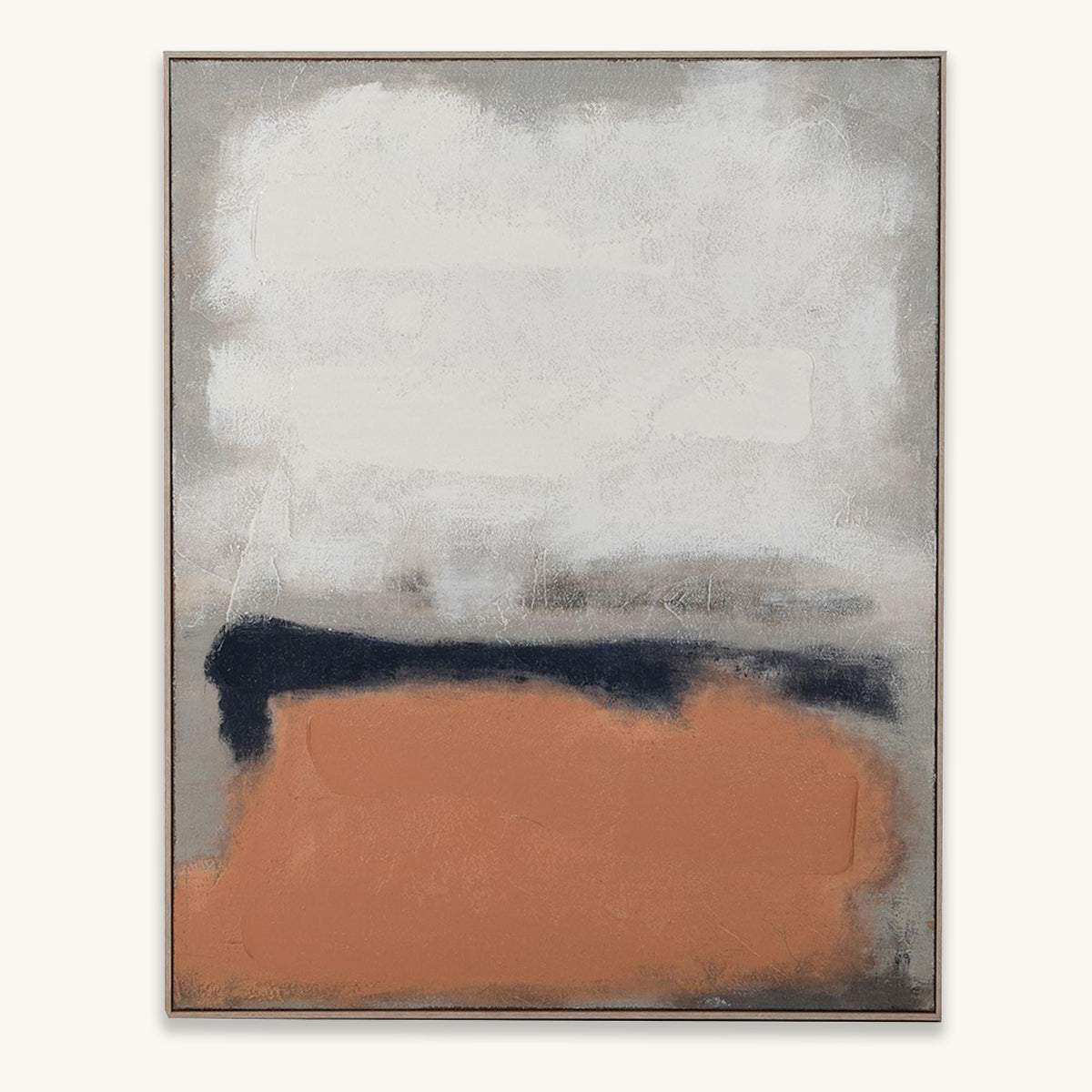 Abstract art piece with white, black, and brown colors on a gray background