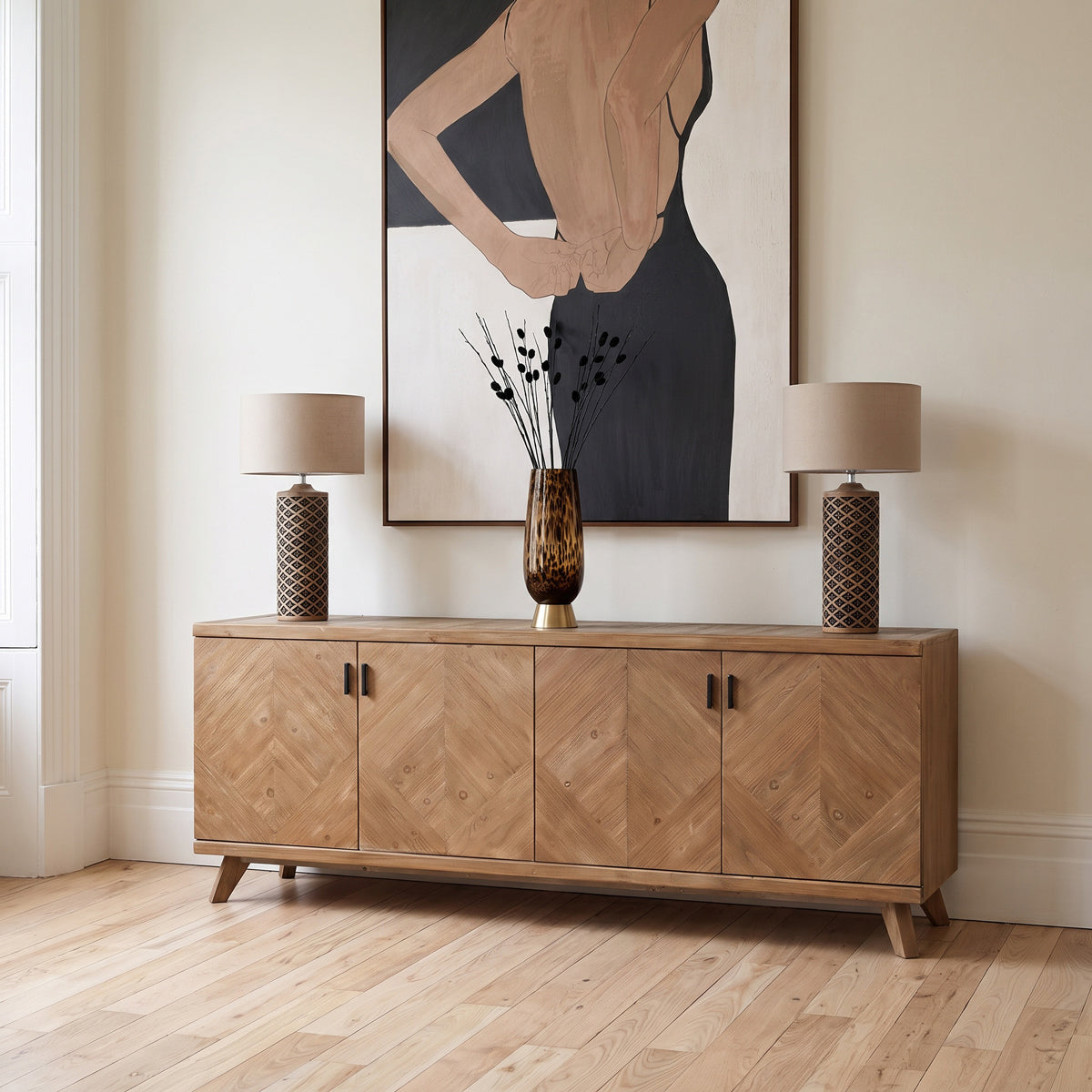 Rustic Fir Wood 4 Door Parquet Sideboard