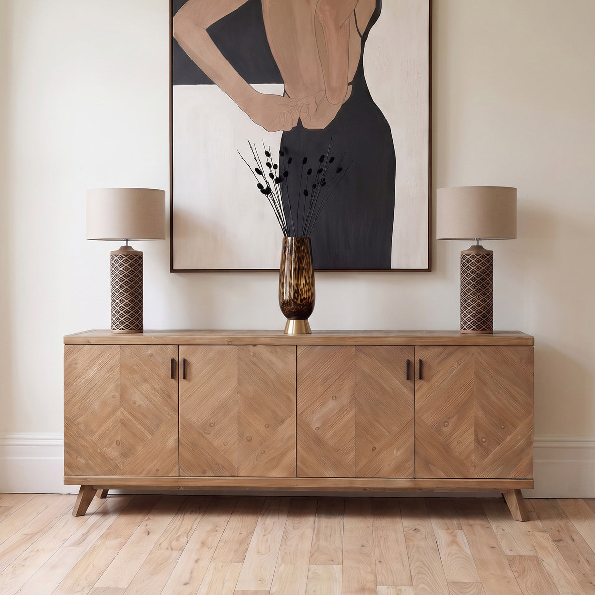 Rustic Fir Wood 4 Door Parquet Sideboard