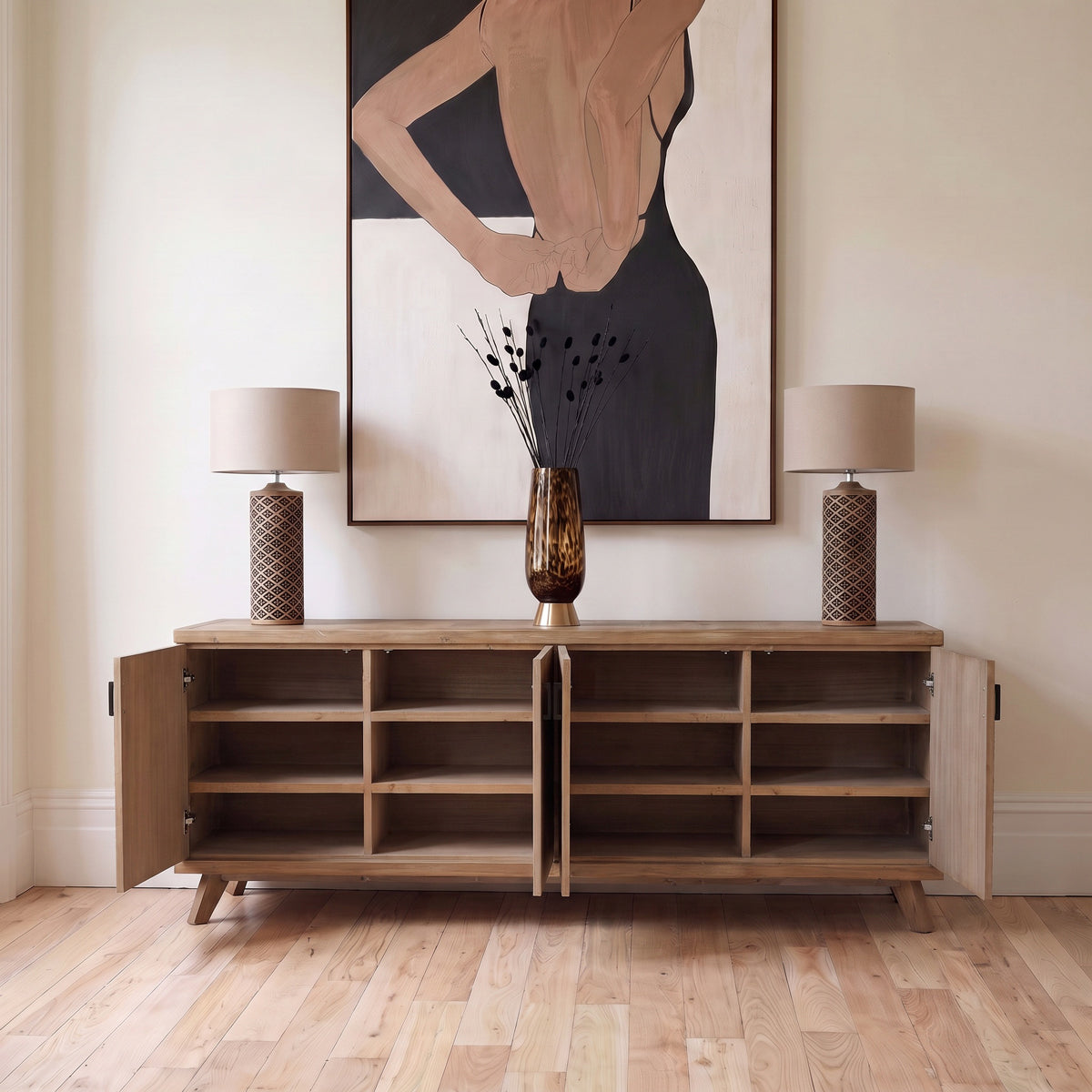Rustic Fir Wood 4 Door Parquet Sideboard