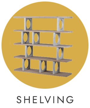 Shelving unit with circular cutouts on a yellow background