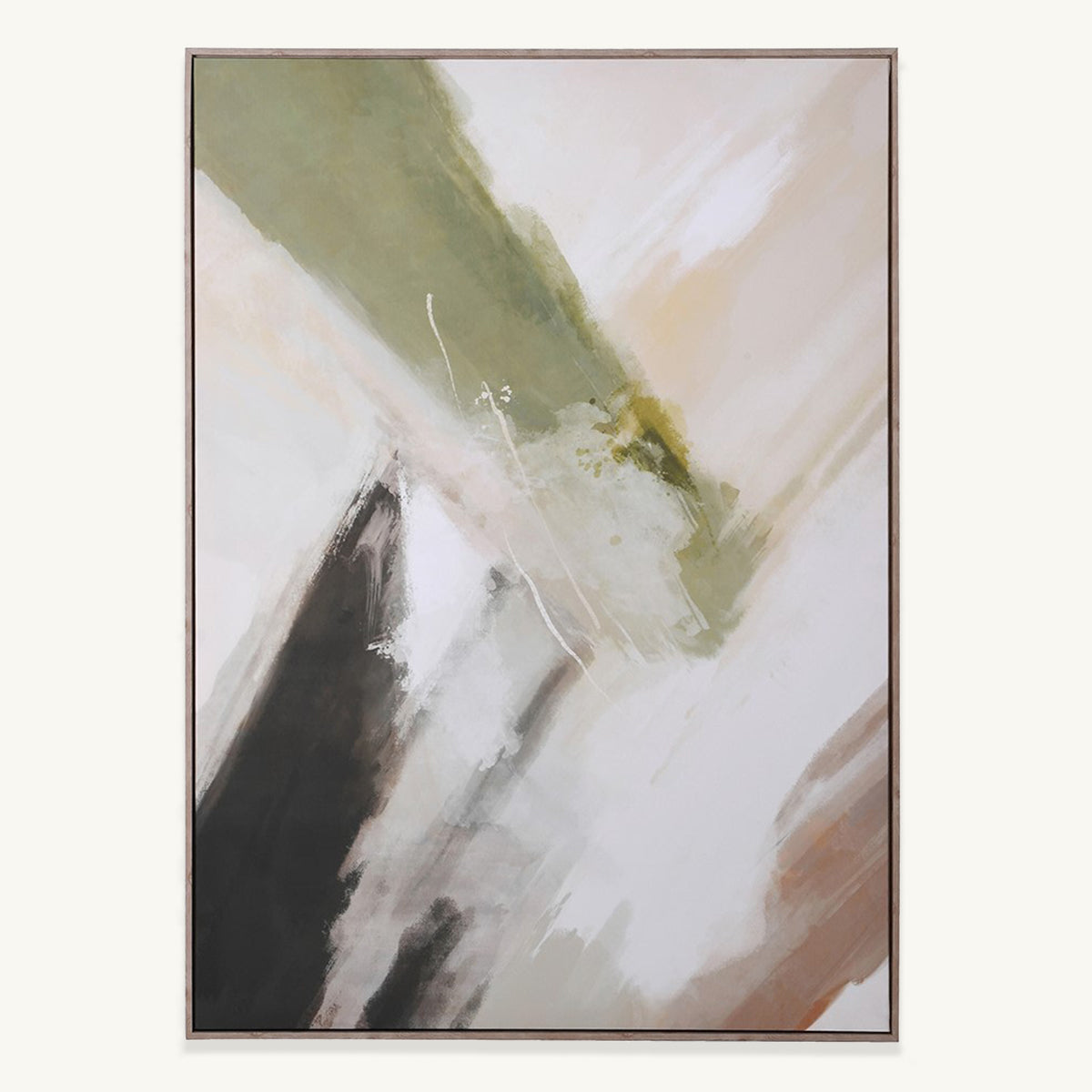 A neutral and green abstract wall canvas featuring a large brushstroke design.