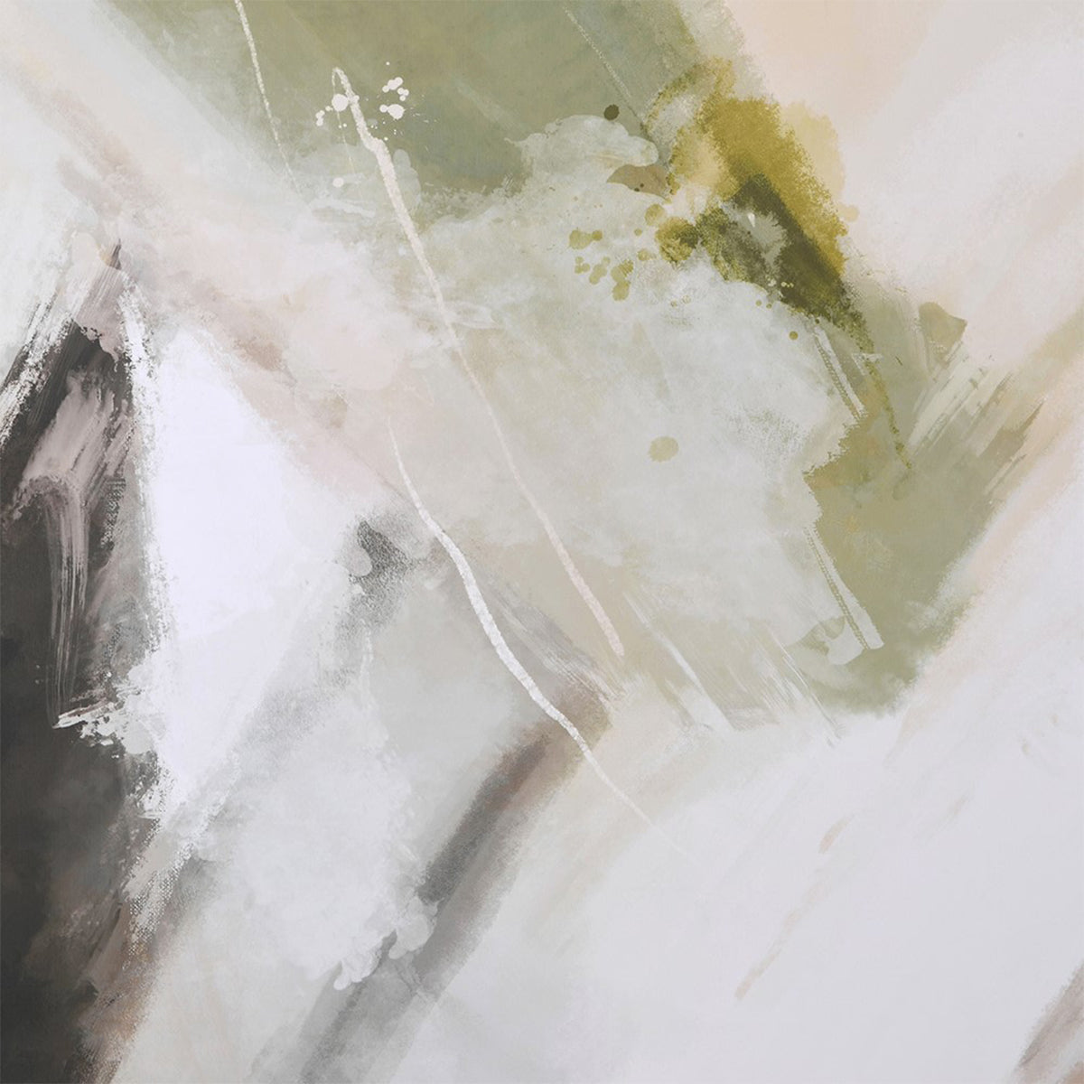 A close up of a brushstroke canvas art featuring green & neutral abstract shapes.
