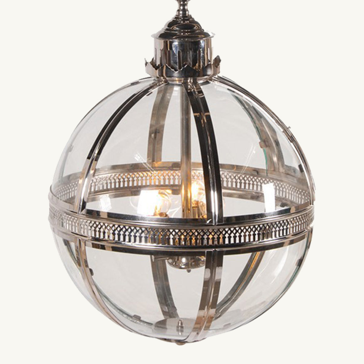 A silver ball shaped chandelier with a caged internal light fitting.