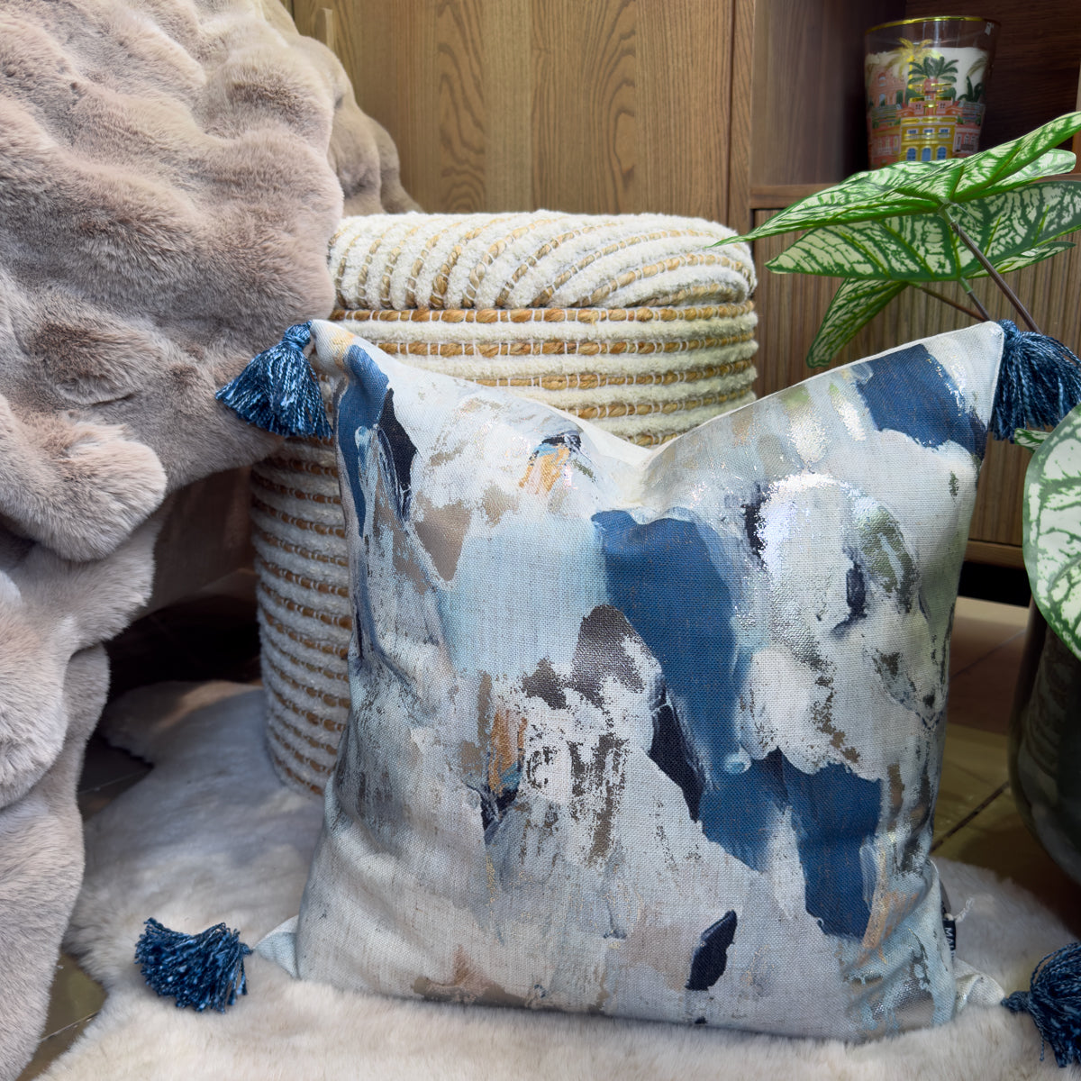 Abstract Blue & Silver Tassel Cushion - 45x45cm