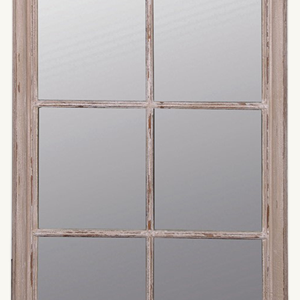 A close up of a distressed paulowina wood grid mirror.