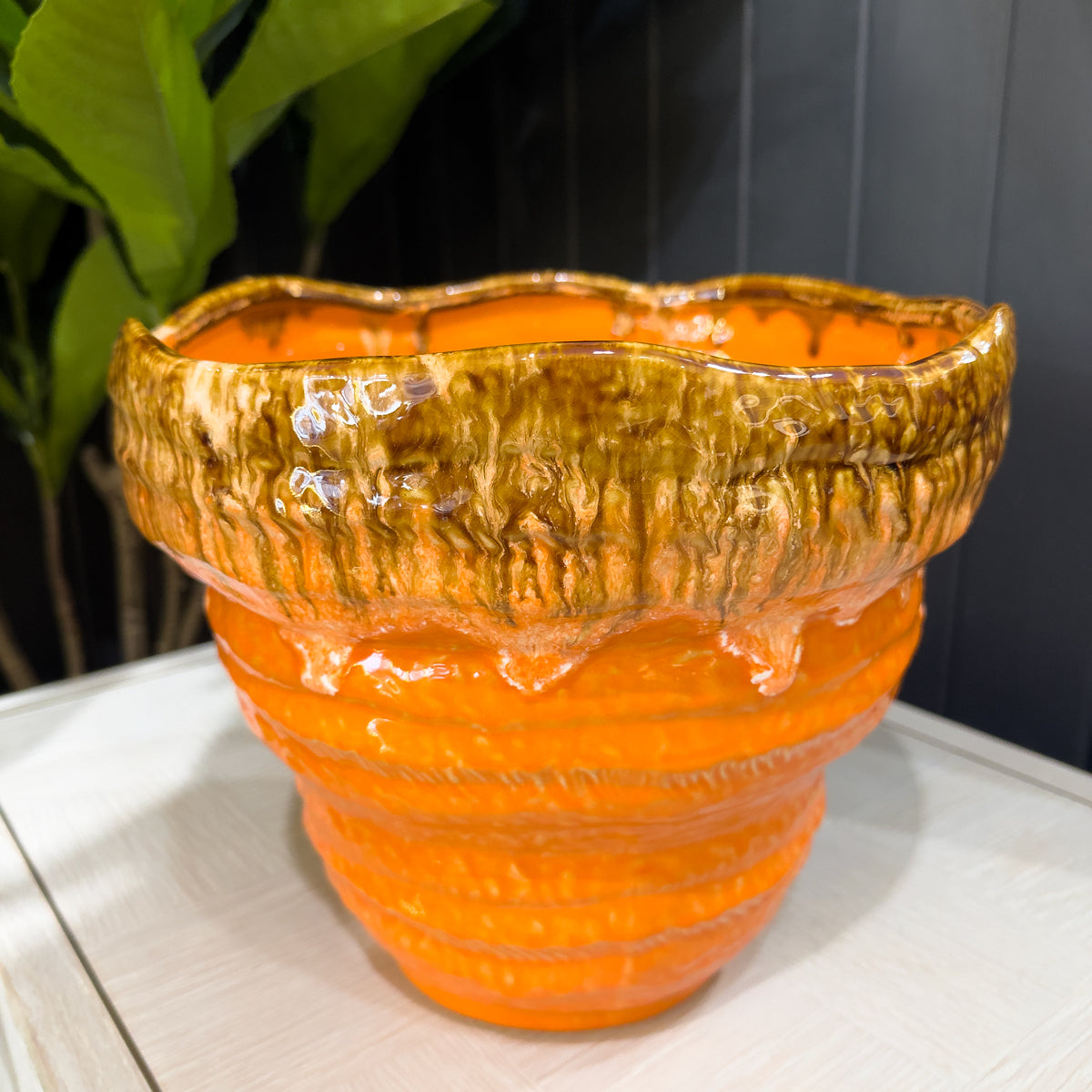 Tangerine Orange Wavy Glazed Planter - Large