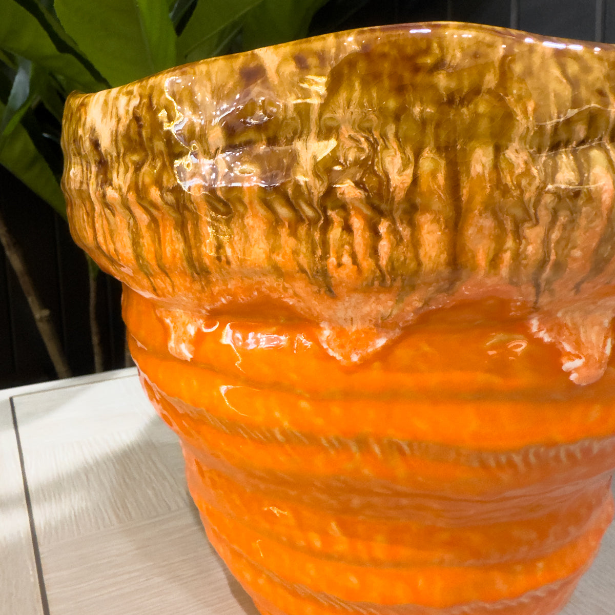 Tangerine Orange Wavy Glazed Planter - Large