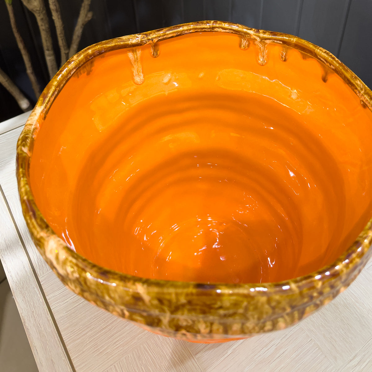 Tangerine Orange Wavy Glazed Planter - Large