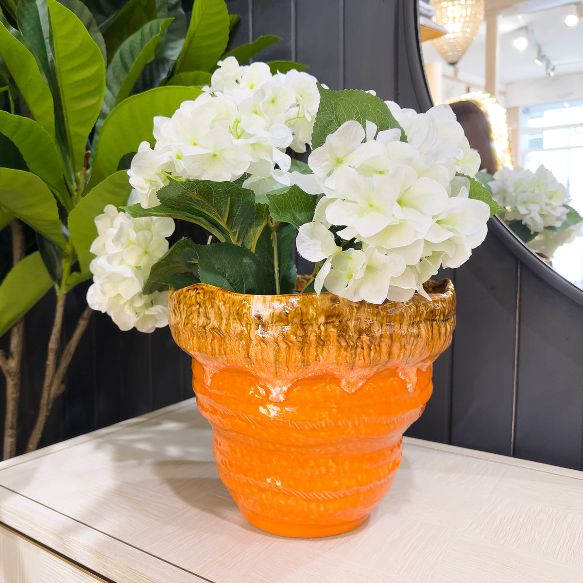 Tangerine Orange Wavy Glazed Planter - Large