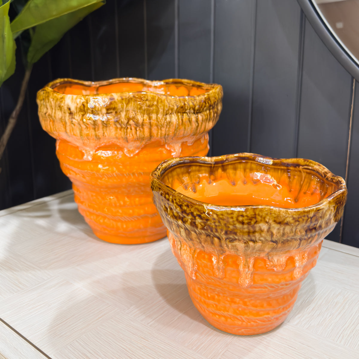 Tangerine Orange Wavy Glazed Planter - Small