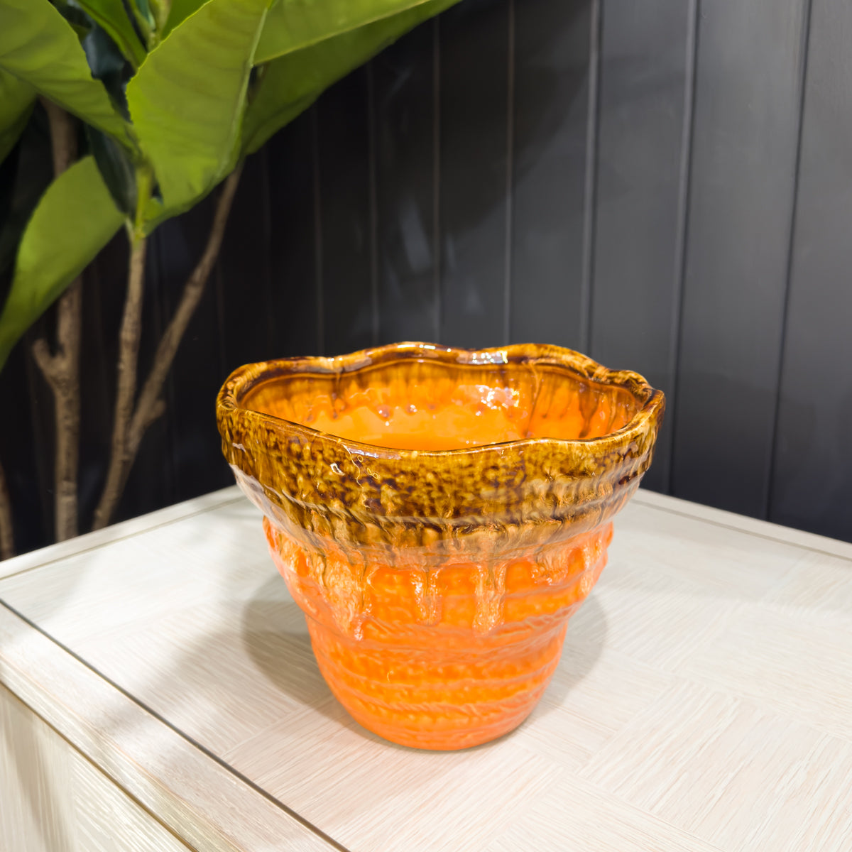 Tangerine Orange Wavy Glazed Planter - Small