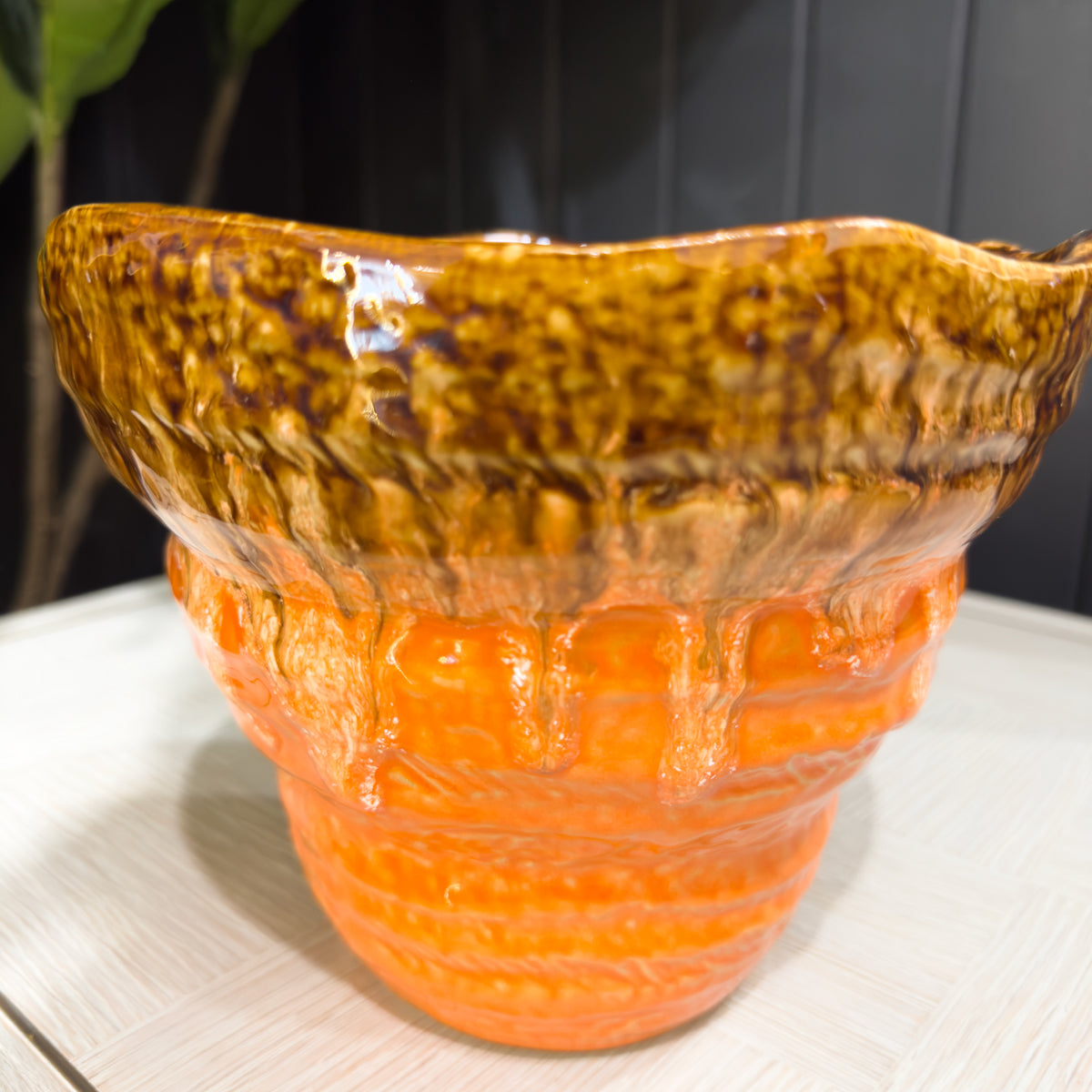 Tangerine Orange Wavy Glazed Planter - Small