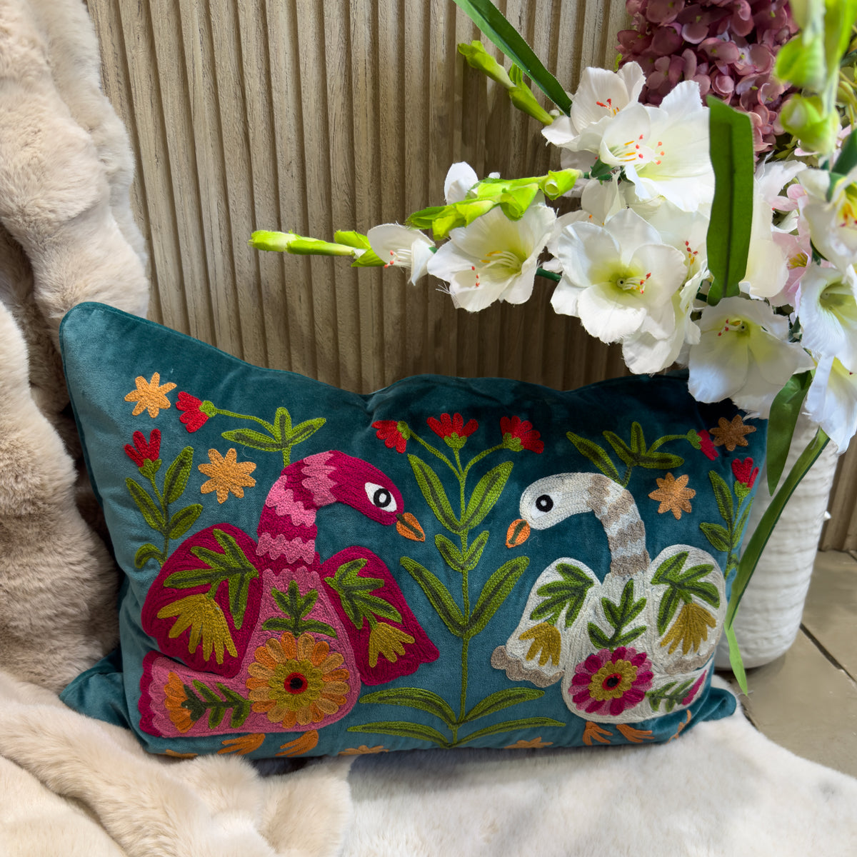 Teal Embroidered Swan & Florals Cushion - 40x60cm