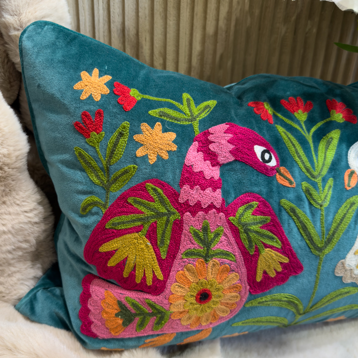 Teal Embroidered Swan & Florals Cushion - 40x60cm