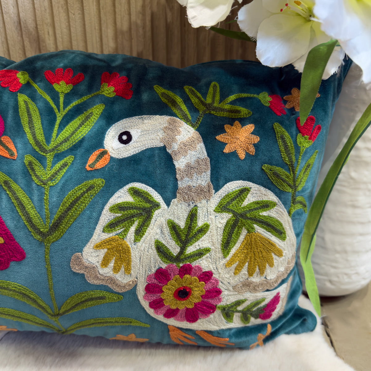 Teal Embroidered Swan & Florals Cushion - 40x60cm