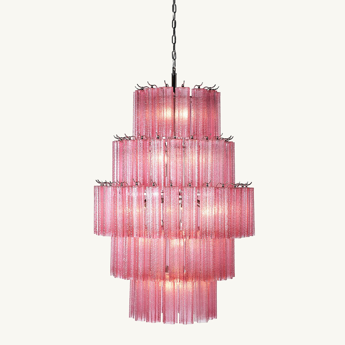 A five-tiered pink glass chandelier with a textured design and multiple light points, suspended by a chain.