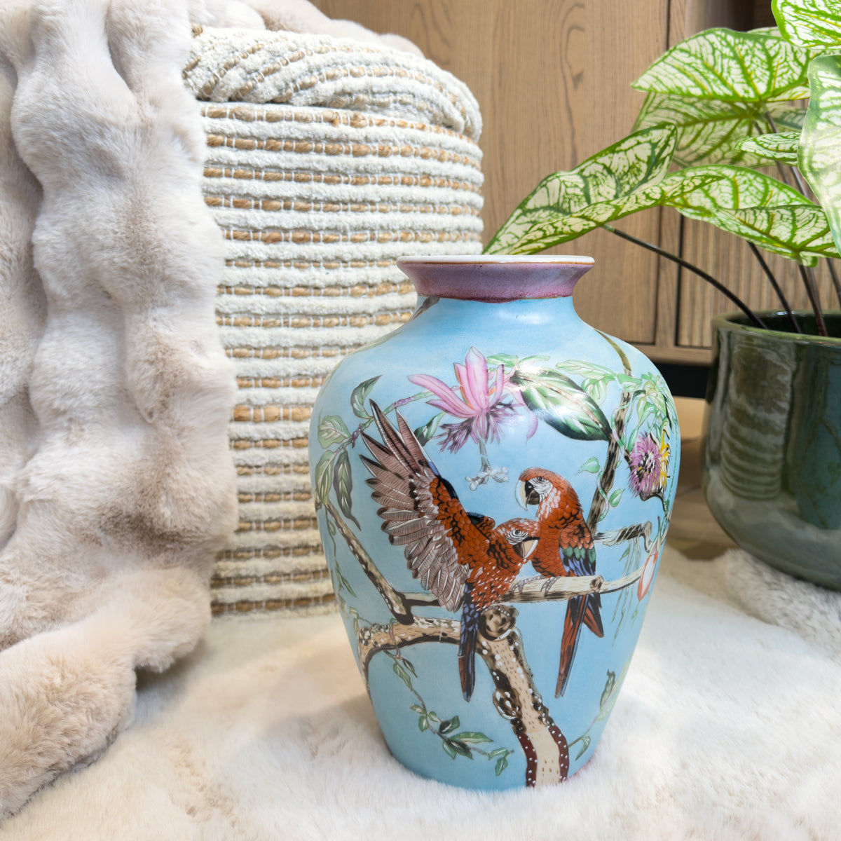 Tropical Pink & Blue Parrot Vase