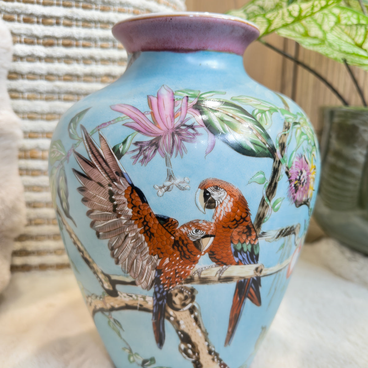 Tropical Pink & Blue Parrot Vase