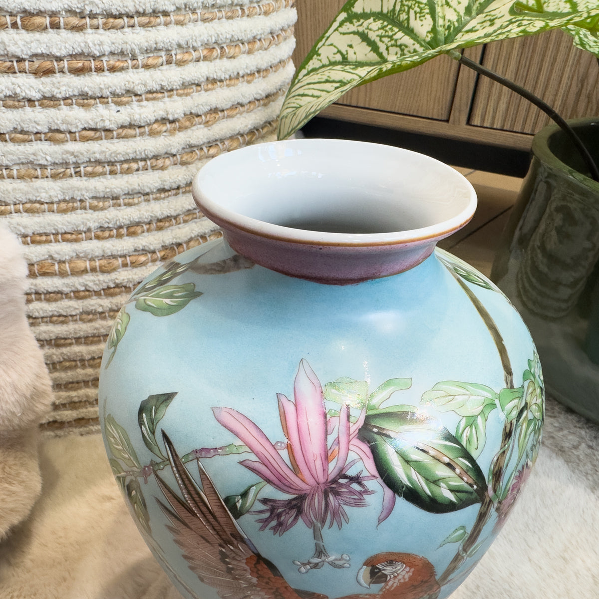 Tropical Pink & Blue Parrot Vase