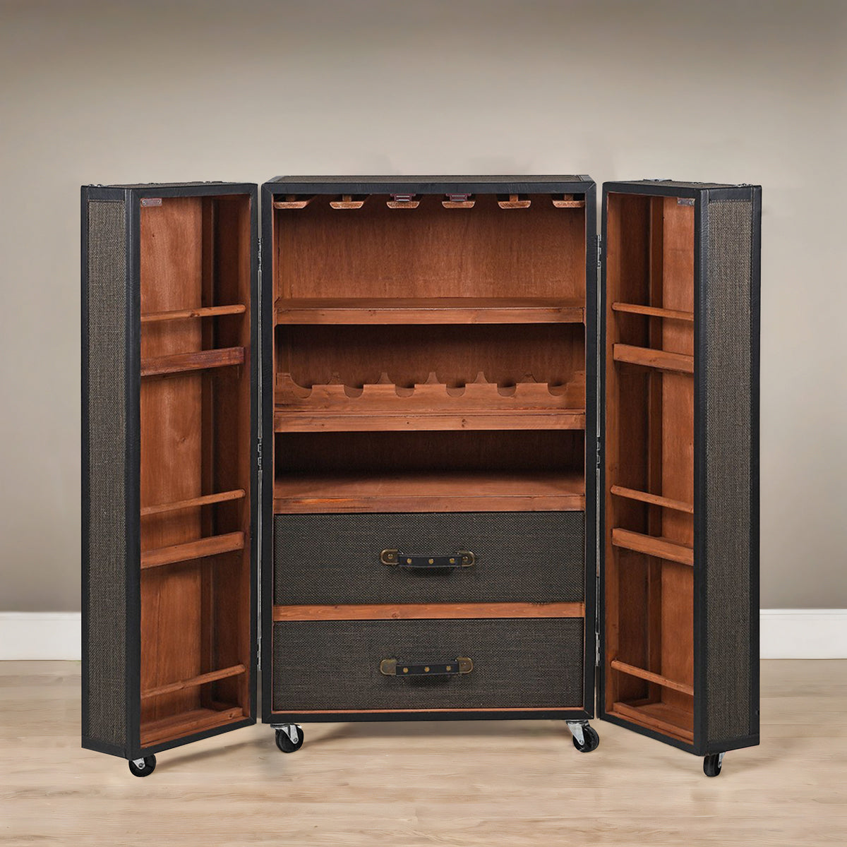 Wooden bar cabinet with open doors on a wooden floor.