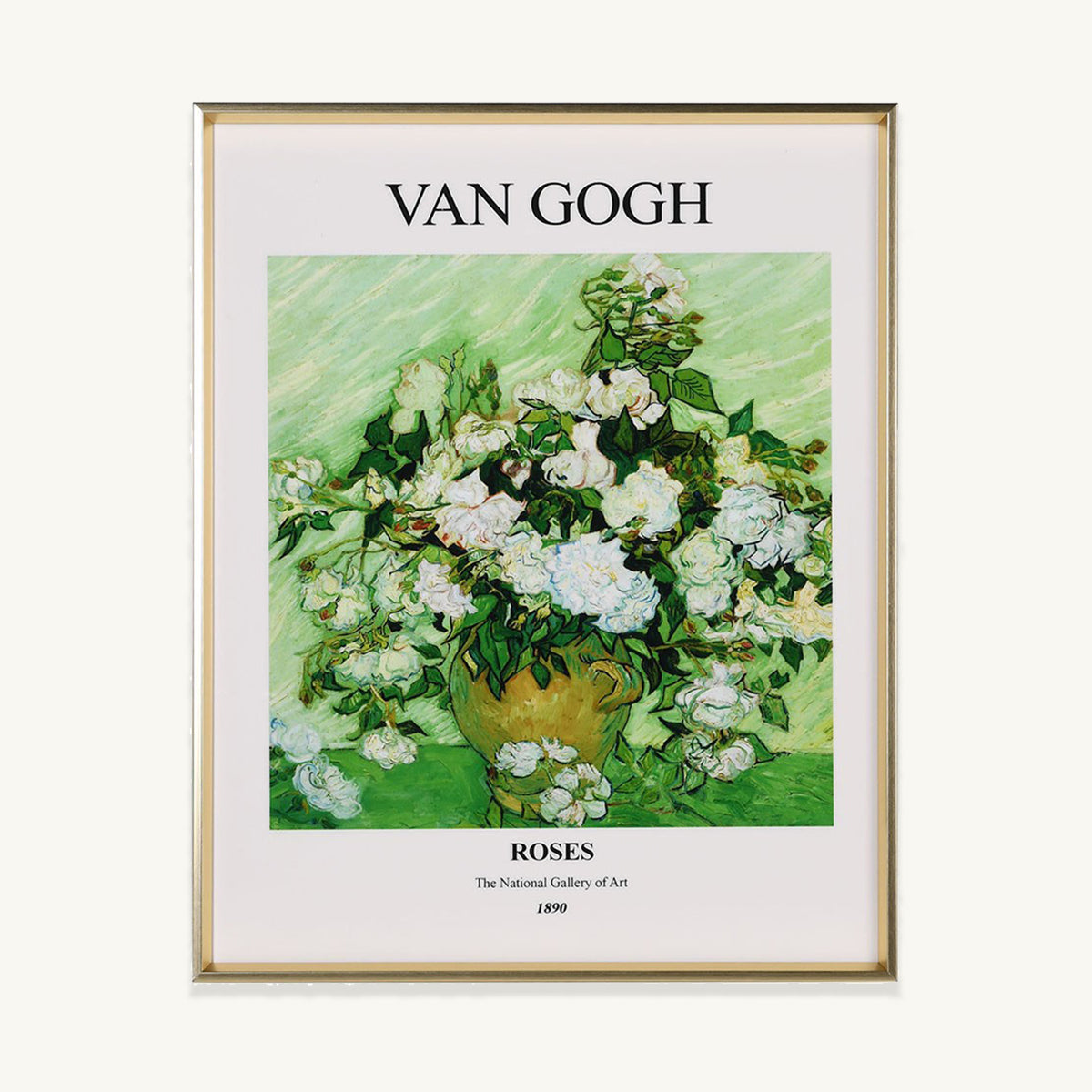 A golden framed wall art depicting an inspired image of Van Gogh's roses rendered in green & white.