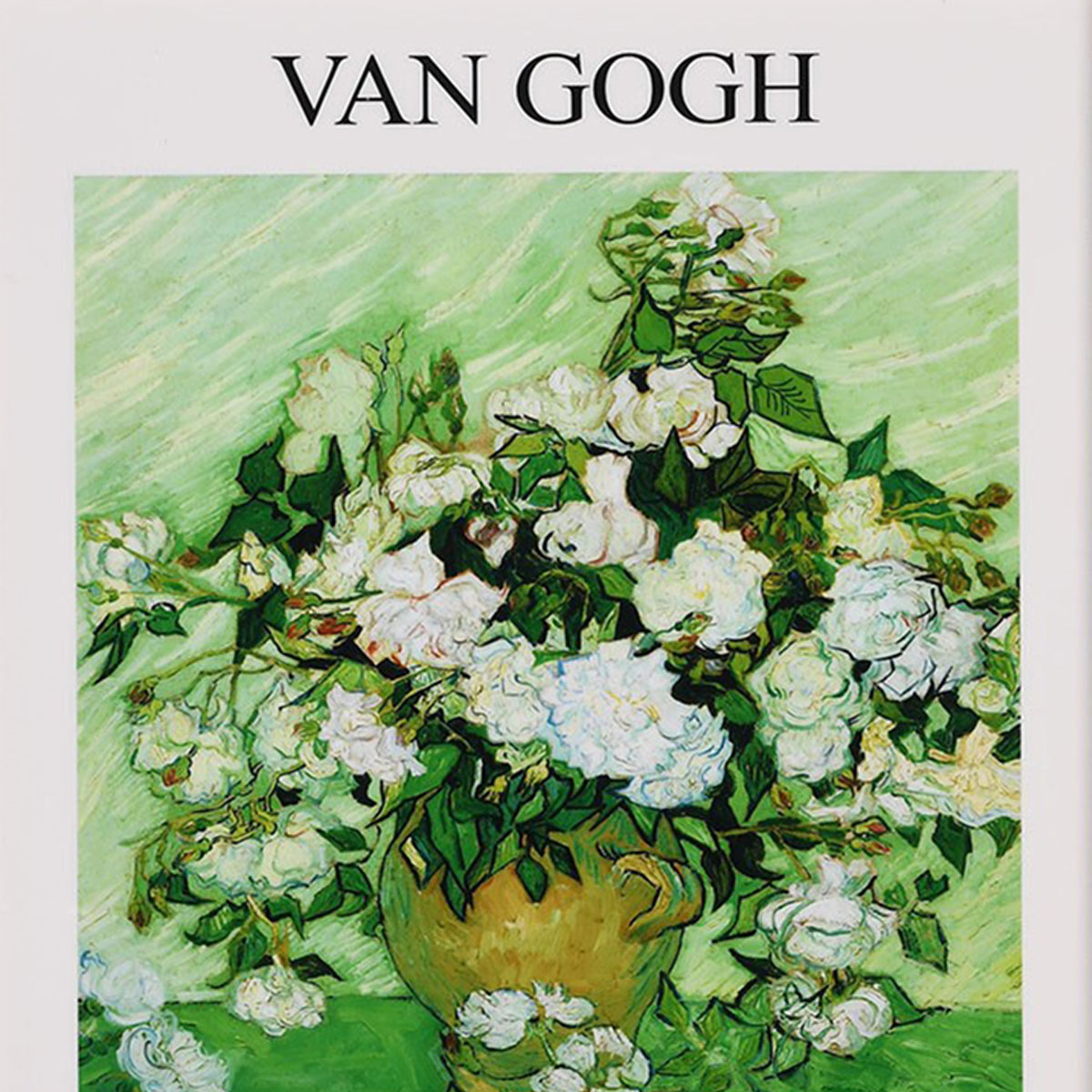 A close up of a print featuring an inspired floral design of Van Gogh's roses in green & white.