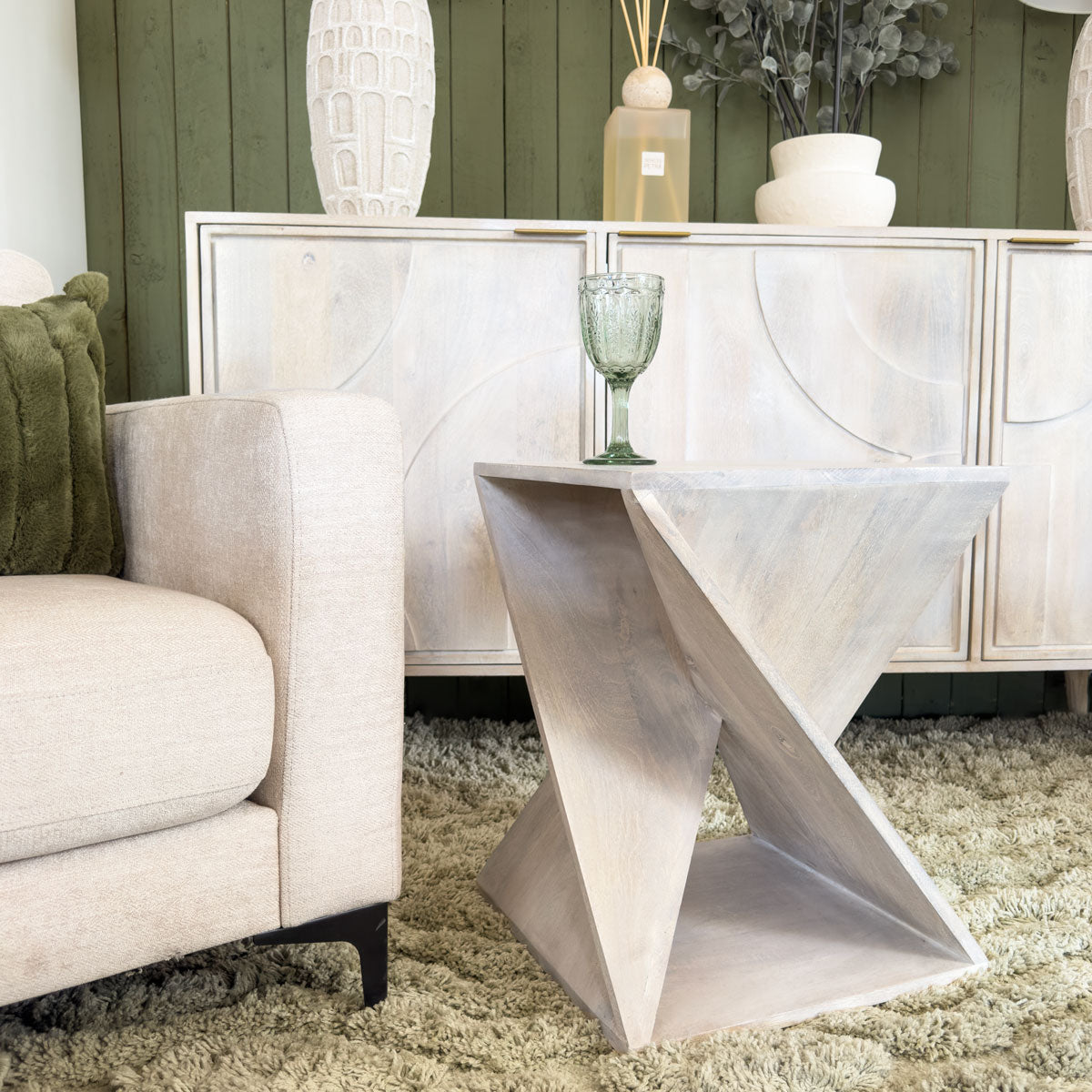 Washed Mango Wood Cross Base Side Table