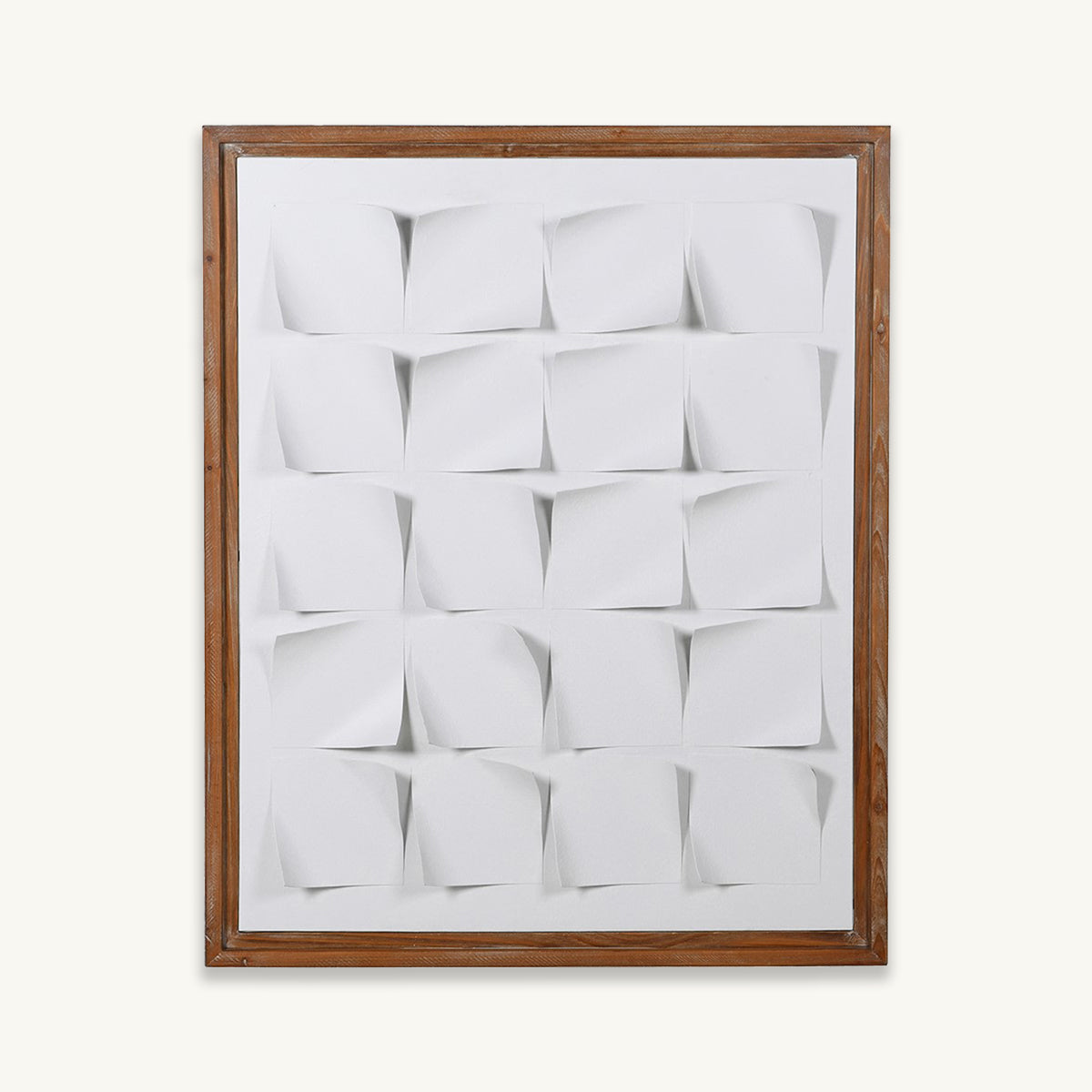 Framed artwork with white metal curled pieces on a white background