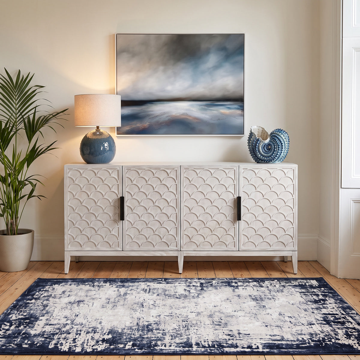 White Wash Scalloped 4 Door Sideboard