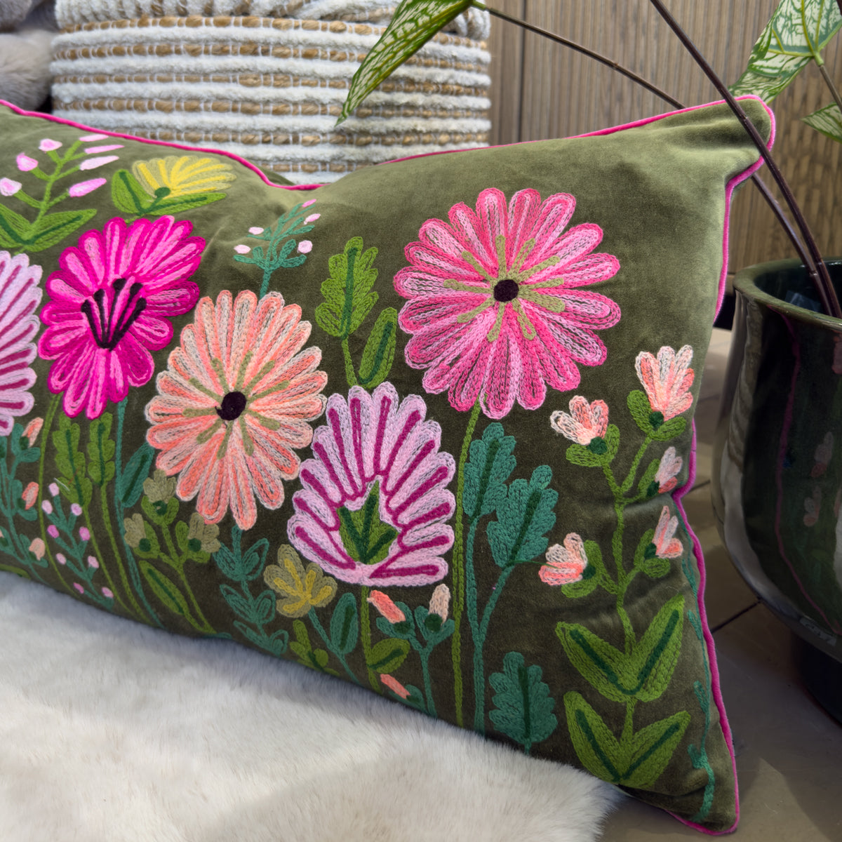 Olive & Pink Embroidered Flower Cushion - 40x60cm