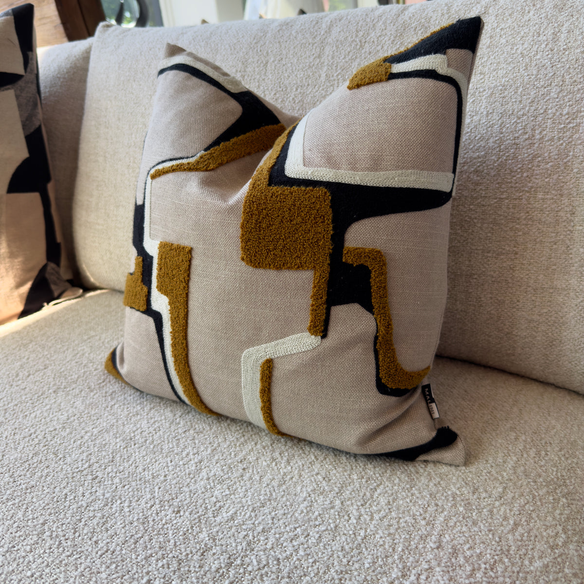 Beige, Mustard & Black Abstract Cushion - 43x43cm