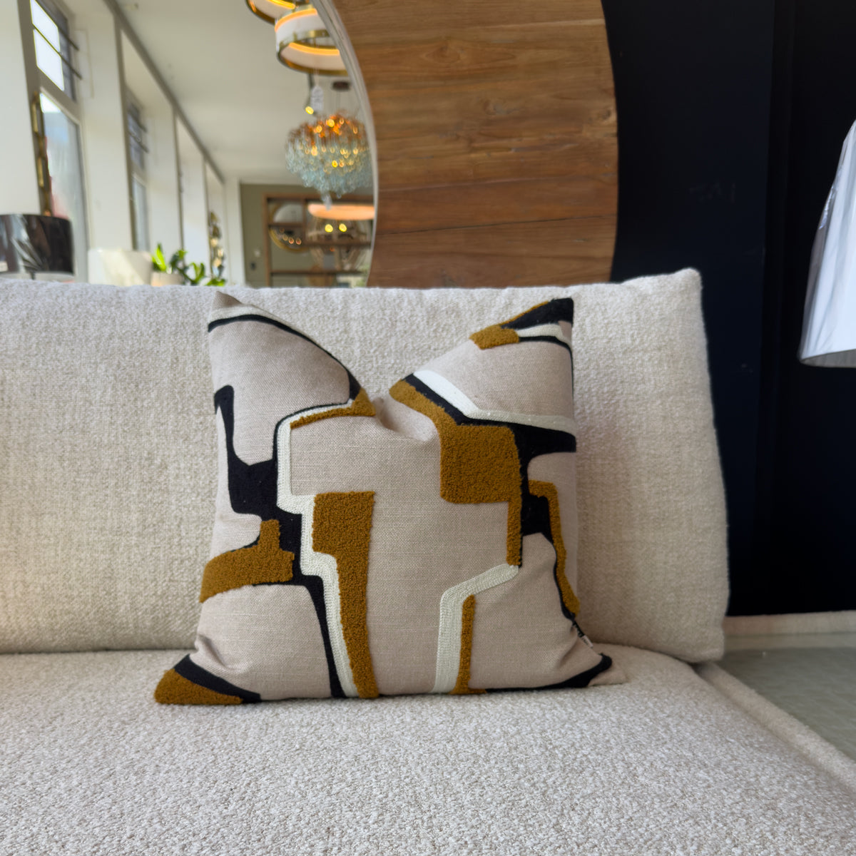 Beige, Mustard & Black Abstract Cushion - 43x43cm