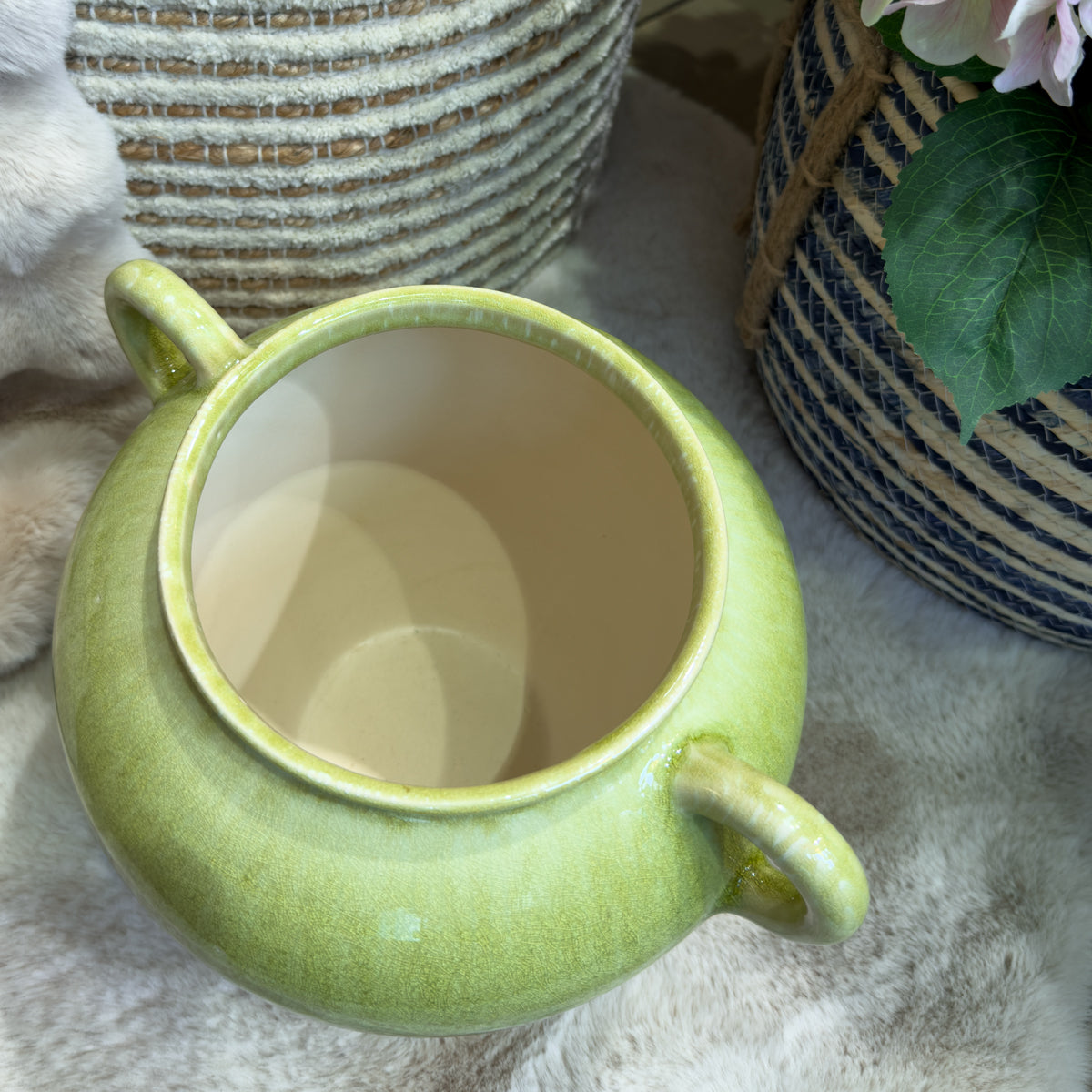 Green & White Ombre Glazed Handle Vase - Round
